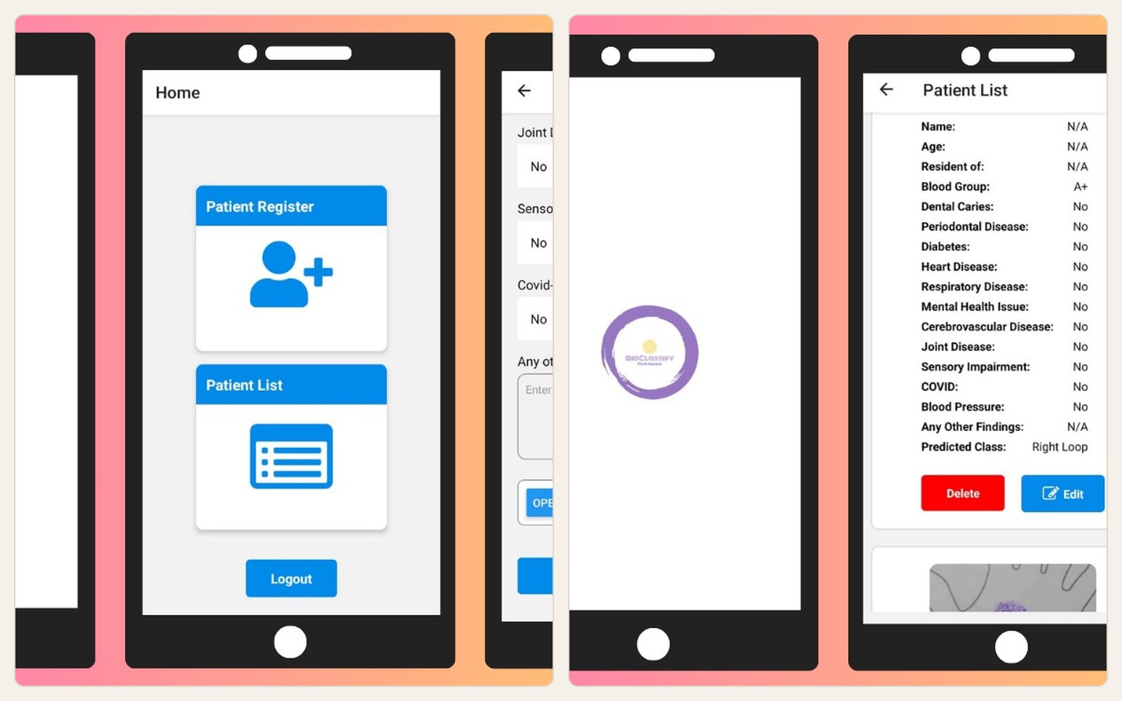 BioClassify patient register and prediction screens