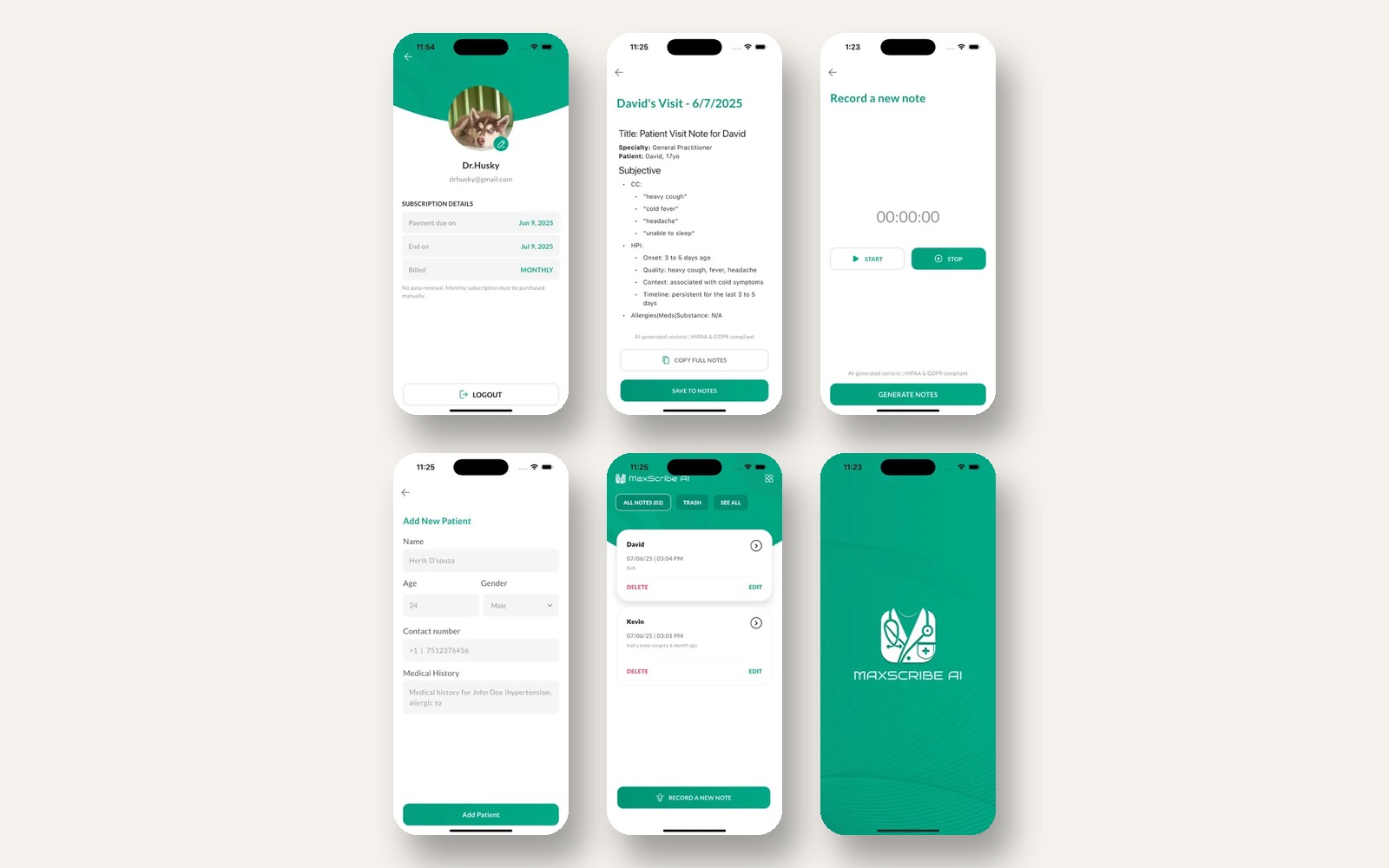 MaxScribe AI app screens: splash, recording, generated SOAP note, patient notes dashboard, add patient form, and profile